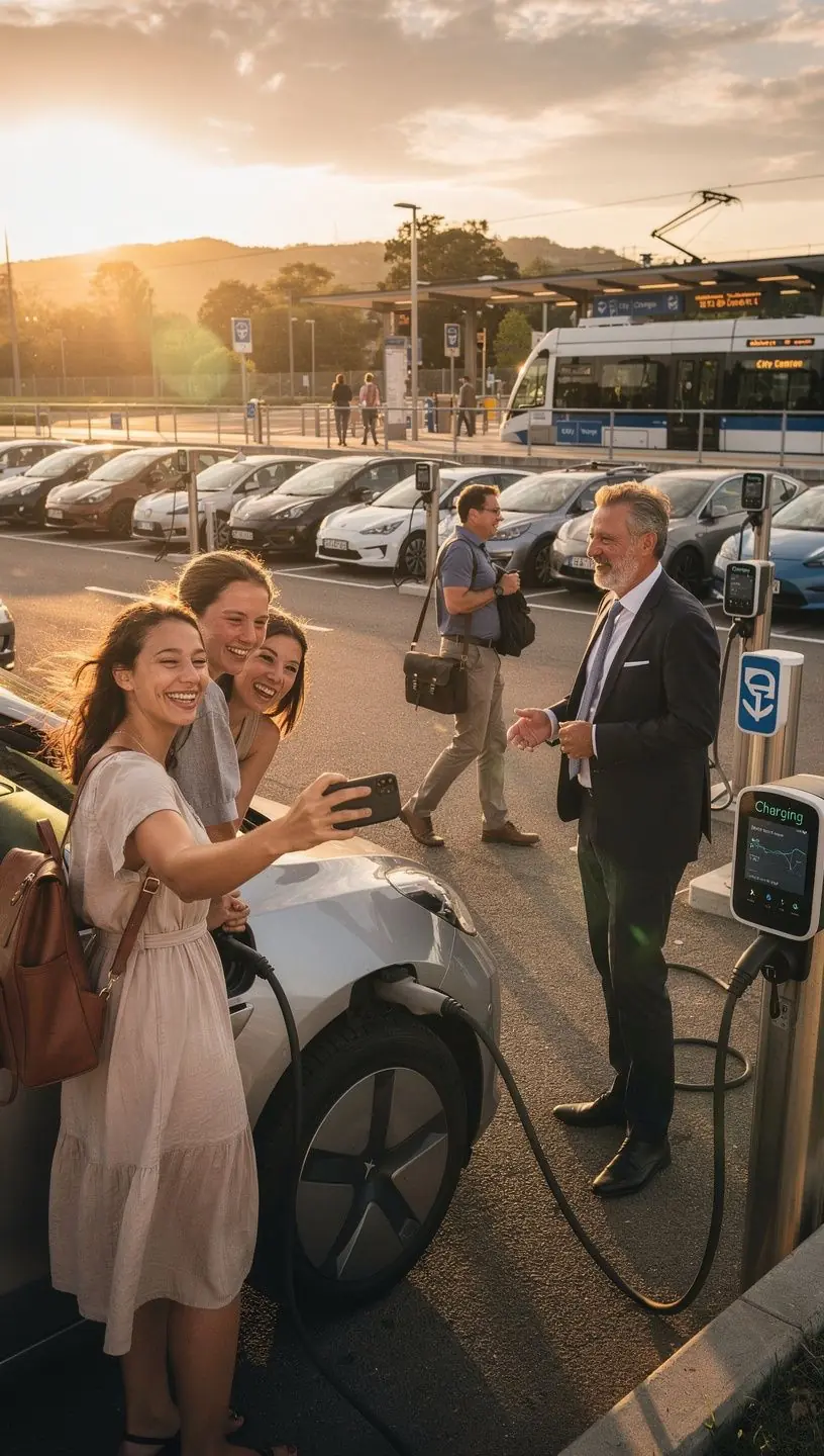 Ein modernes Parkhaus mit mehreren Ladestationen fГјr Elektrofahrzeuge und einem Zugang zu Г¶ffentlichen Verkehrsmitteln.