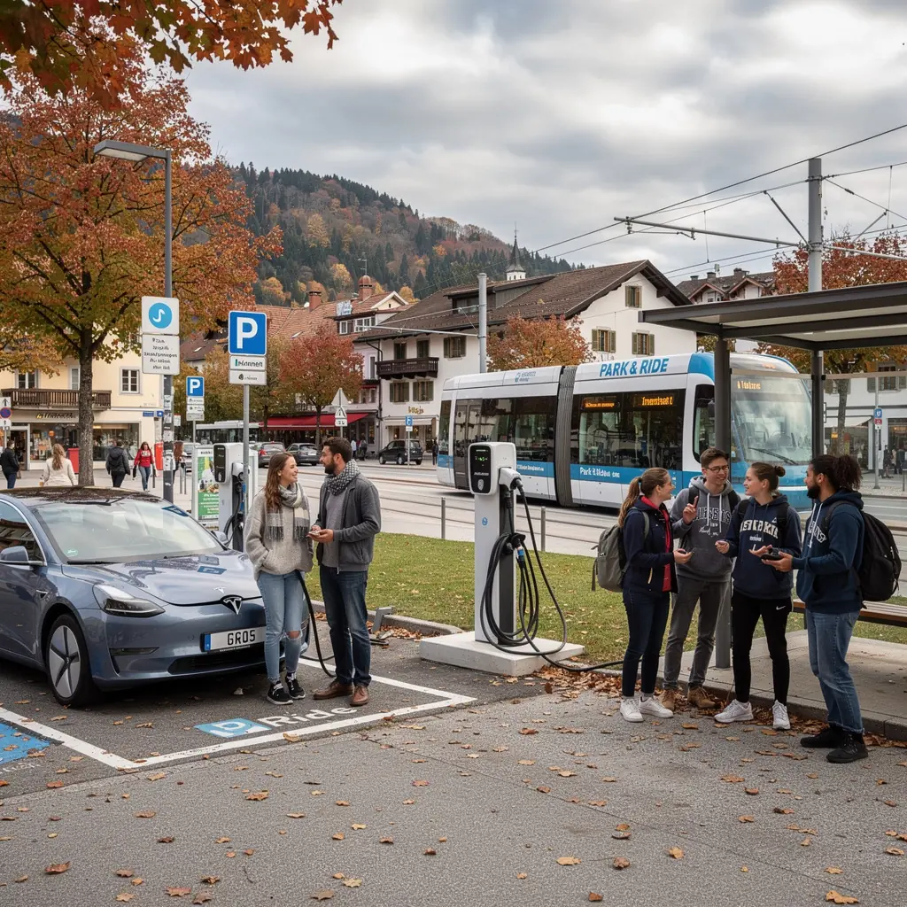 Eine Гњbersichtskarte, die die Standorte von Park-and-Ride-Einrichtungen und Г¶ffentlichen Verkehrsmitteln in einer Stadt zeigt.