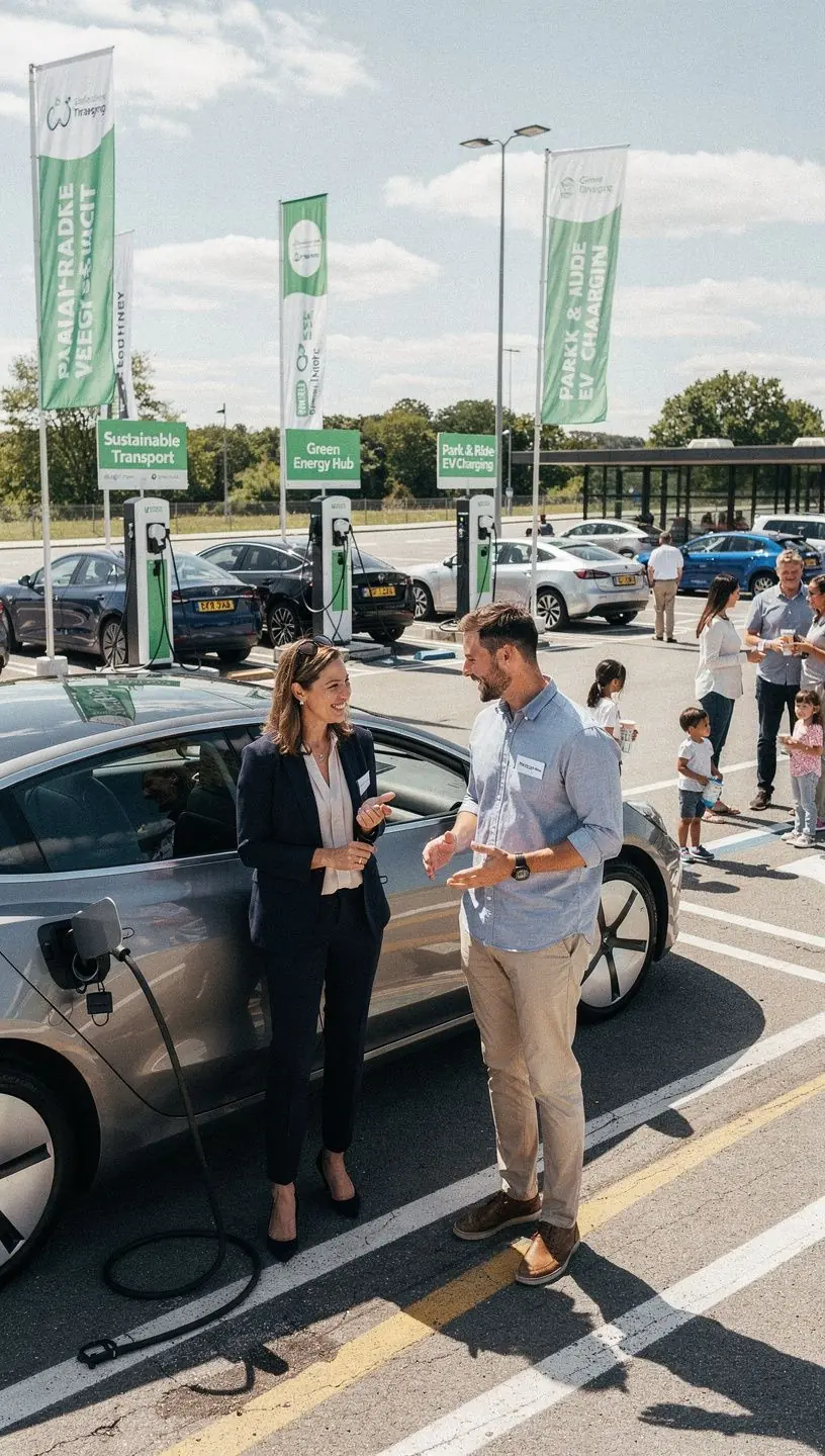 Pendler, die mit ihrem Elektroauto auf einem Parkplatz ankommen und in einen Bus oder Zug umsteigen.