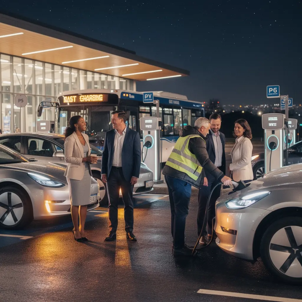 Eine Ladestation fГјr Elektrofahrzeuge, die mit einem Schild fГјr Park-and-Ride-Nutzer gekennzeichnet ist.