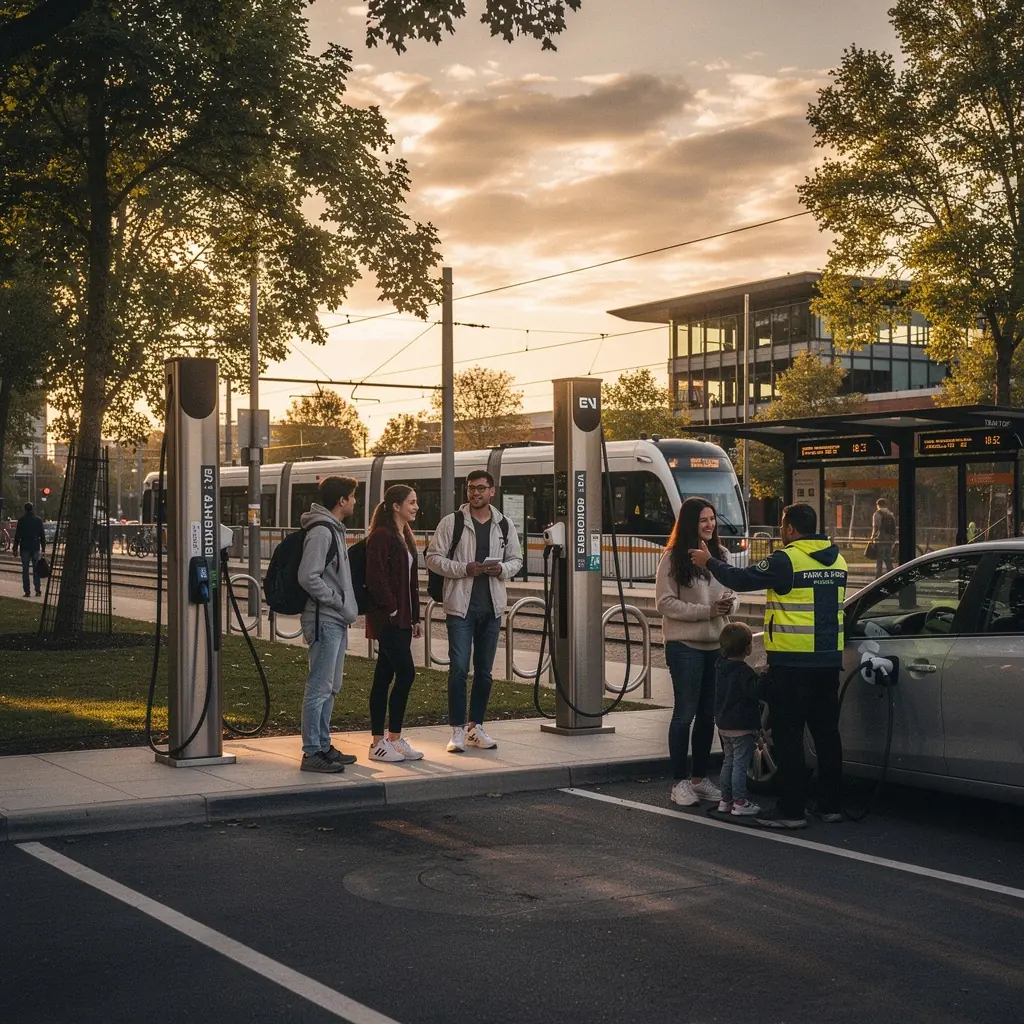 Familie, die nach dem Parken eines Elektroautos in einen Bus einsteigt.