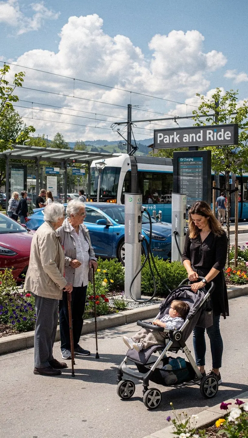 Landschaft mit einem Park-and-Ride-Parkplatz, umgeben von grüner Natur und Verkehrsanbindungen.
